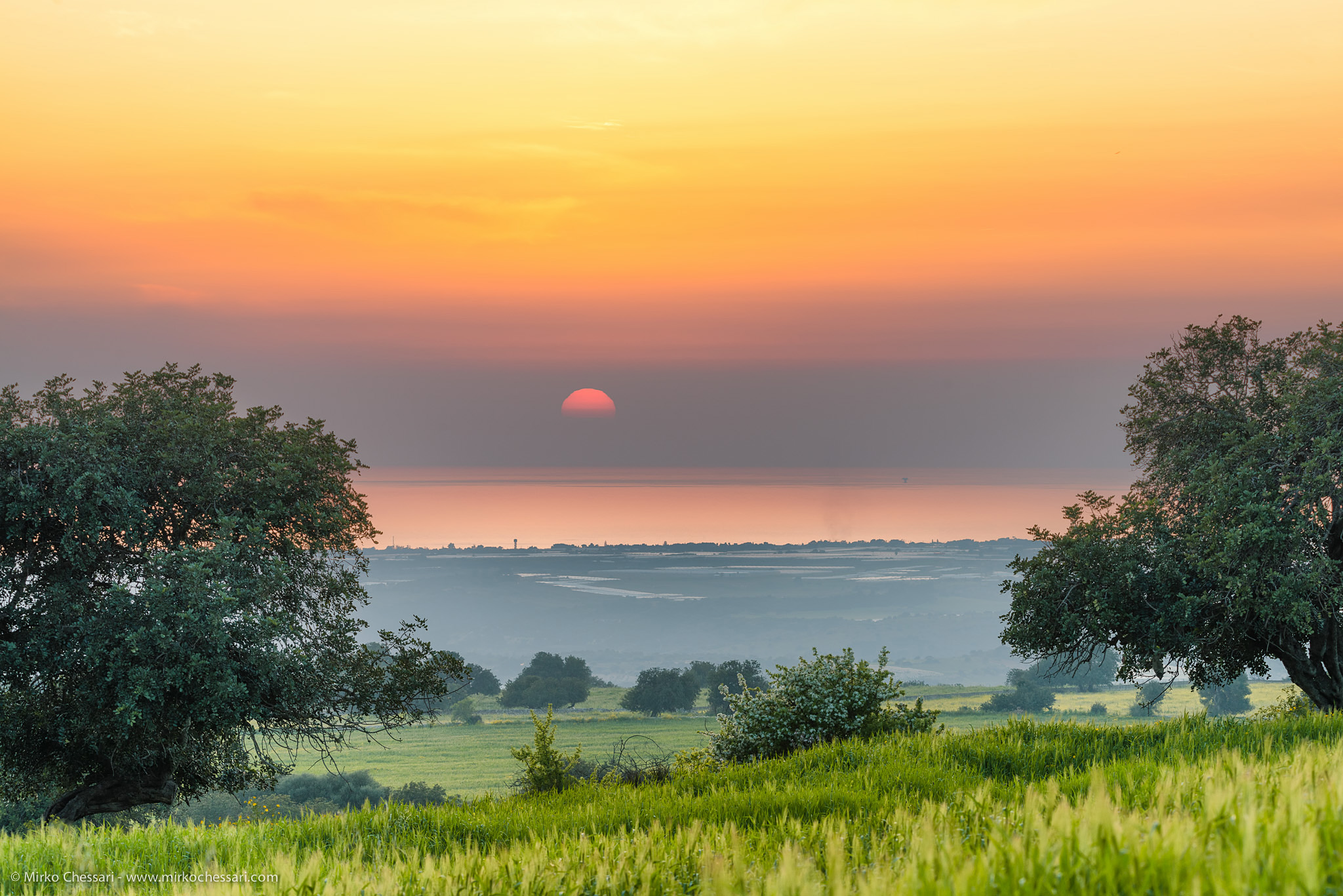 Uno scorcio di un bellissimo tramonto sulle campagne del ragusano con il mare all'orizzonte, fotografato da una strada appena dietro il Castello di Donnafugata.